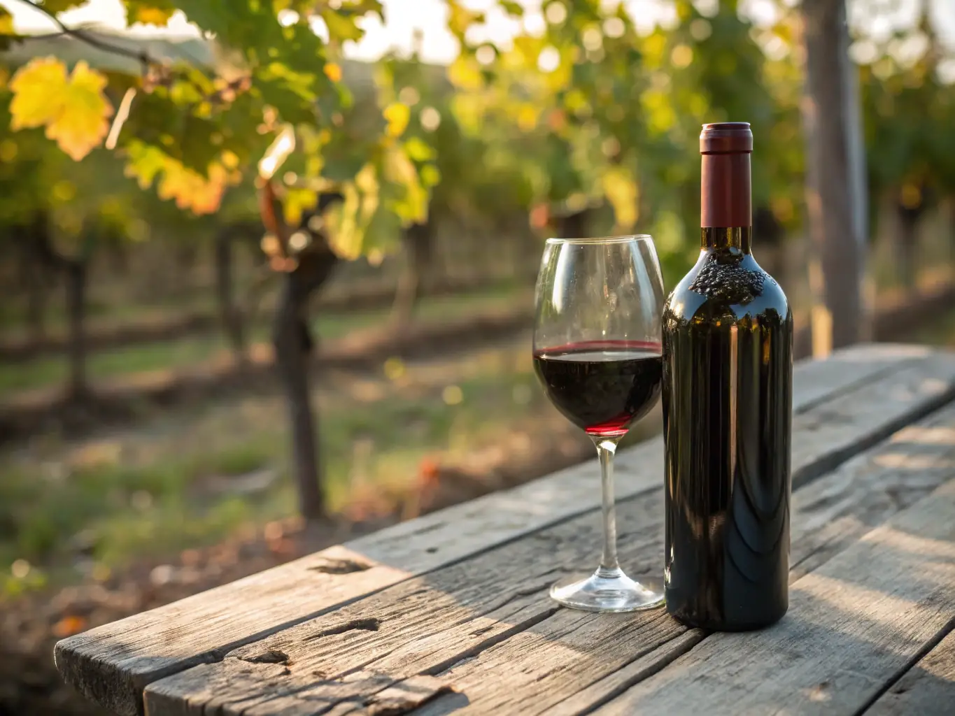 A close-up shot of a bottle of Elegant Red Blend, showcasing its label and deep color, with a vineyard in the soft-focus background.